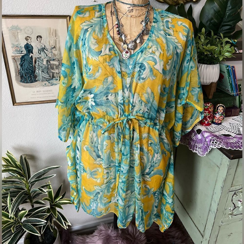 Sunflower NWT Yellow Aqua Blue Paisley Scroll Sheer Kimono Cover Up Free Size